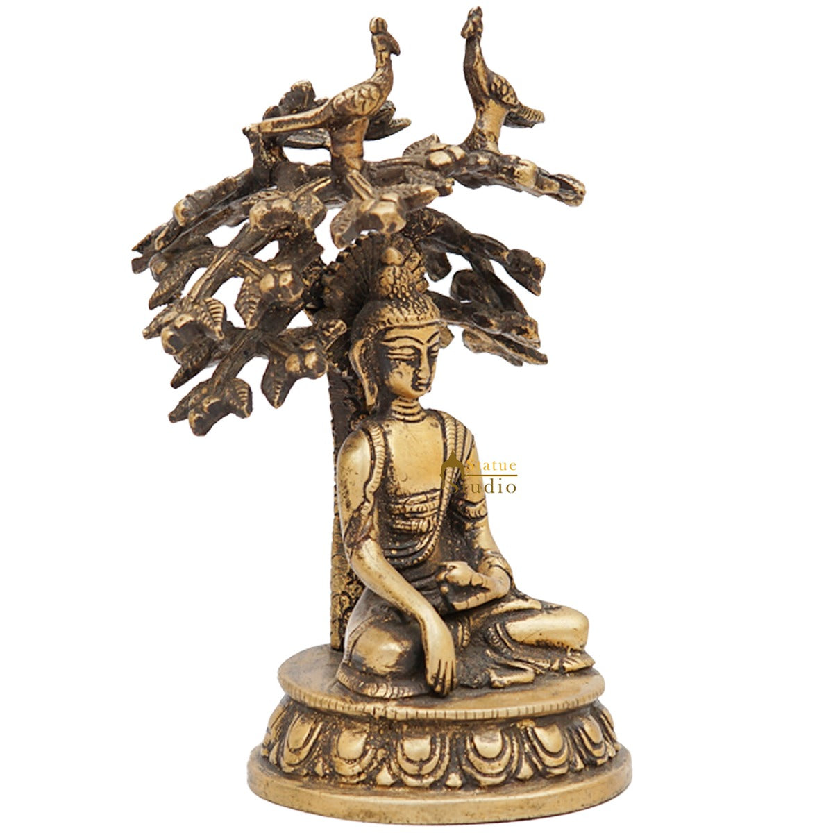 Brass Antique Rare Buddha Statue Small Sitting Under Tree Gift Showpiece 6"