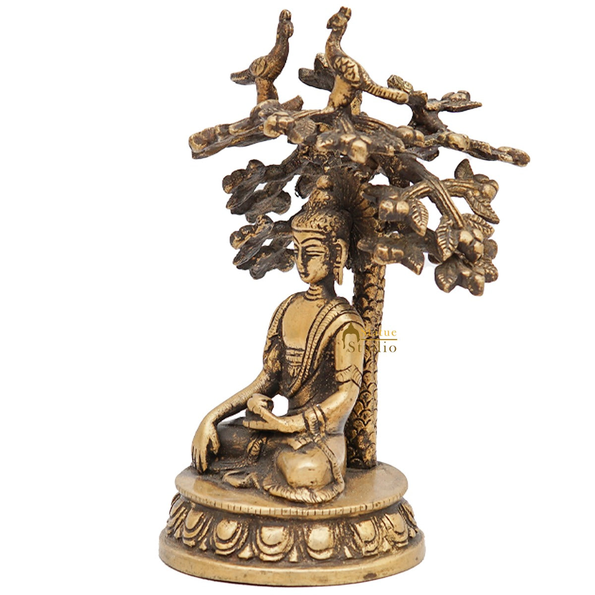 Brass Antique Rare Buddha Statue Small Sitting Under Tree Gift Showpiece 6"
