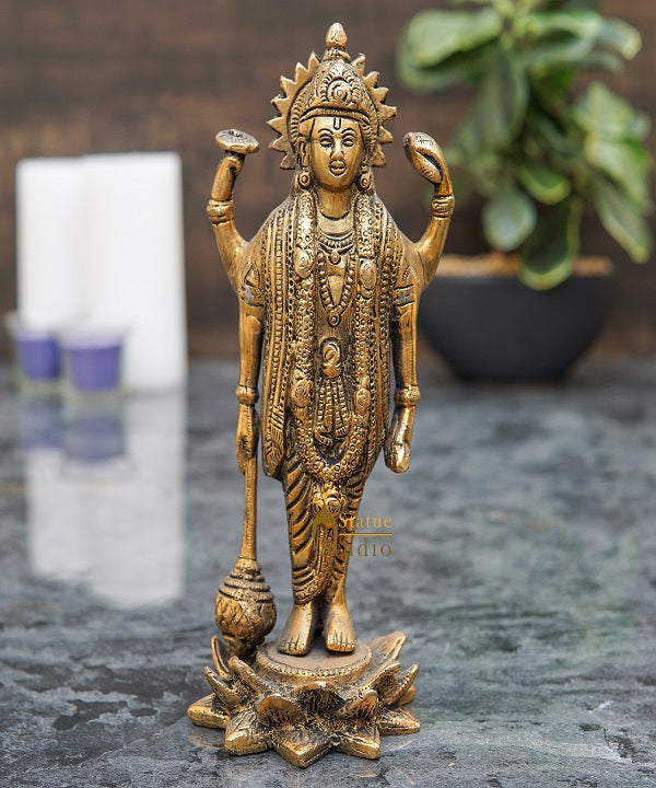 Brass Hindu Lord Vishnu Idol For Home Pooja Room Décor Gift Statue 8" - Image 2
