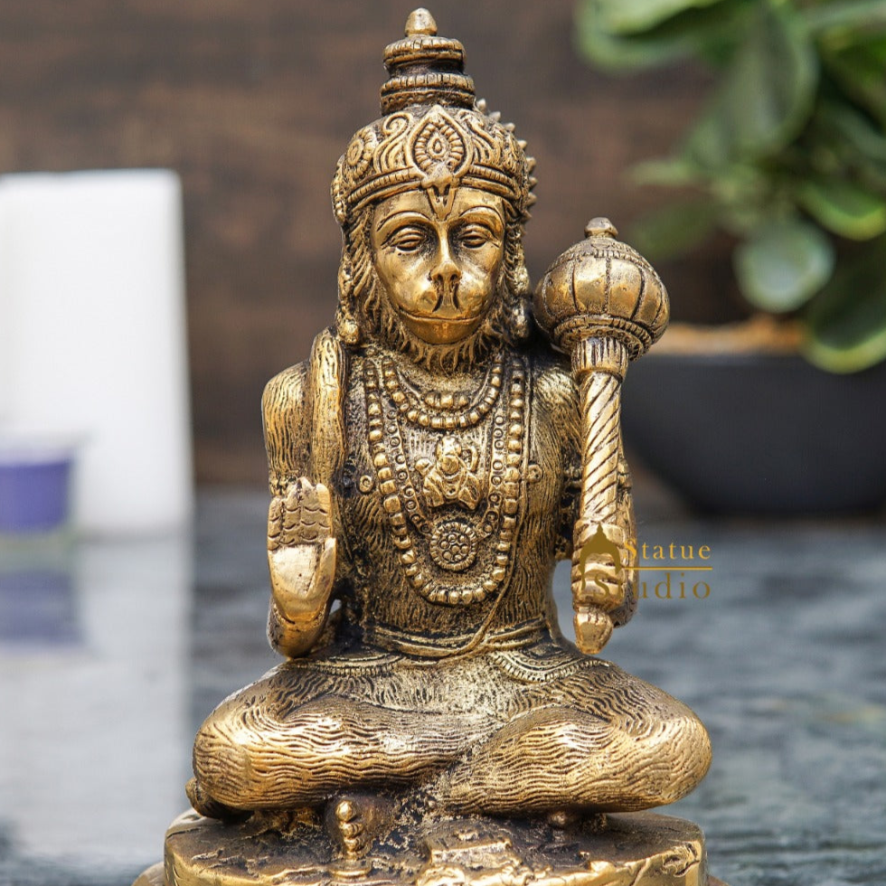 Brass Hanuman Statue Antique Finish For Home Pooja Room Decor 7 Inch - Image 2