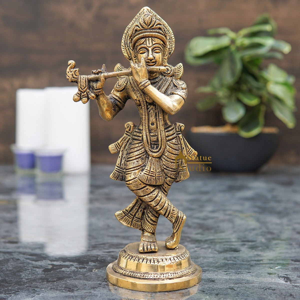Brass Antique Krishna Idol For Home Office Desk Table Décor Gift Statue 8.5" - Eco-friendly - Sama Homes