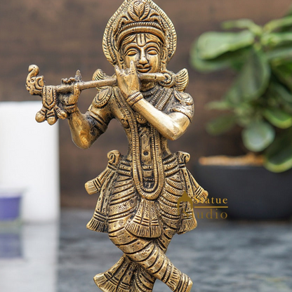 Brass Antique Krishna Idol For Home Office Desk Table Décor Gift Statue 8.5" by vendor-unknown - Hindu Gods (View 2)