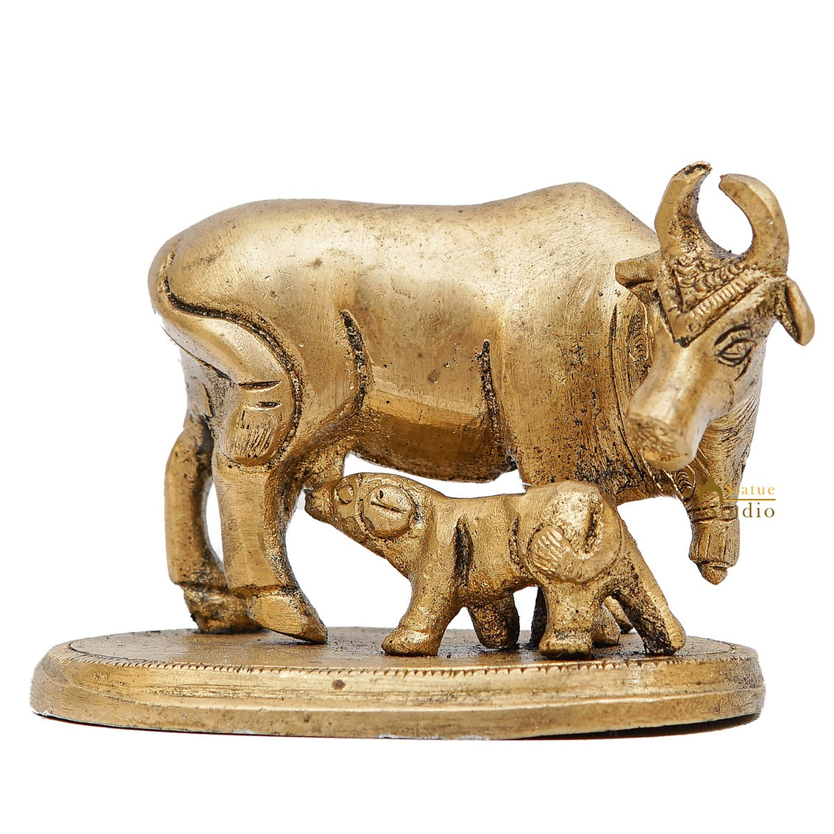 Brass Cow With Calf Idol Mini Statue Lucky Wedding Diwali Décor Gift Showpiece 2.5"