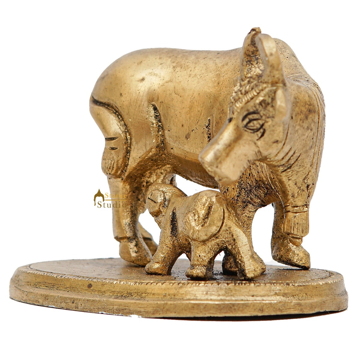 Brass Cow With Calf Idol Mini Statue Lucky Wedding Diwali Décor Gift Showpiece 2.5" - Image 4