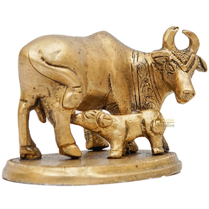Brass Cow With Calf Idol Mini Statue Lucky Wedding Diwali Décor Gift Showpiece 2.5" by vendor-unknown - Spiritual (View 5)