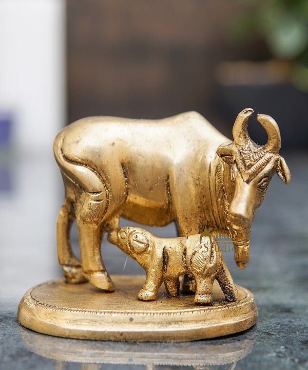 Brass Cow With Calf Idol Mini Statue Lucky Wedding Diwali Décor Gift Showpiece 2.5" - Image 2