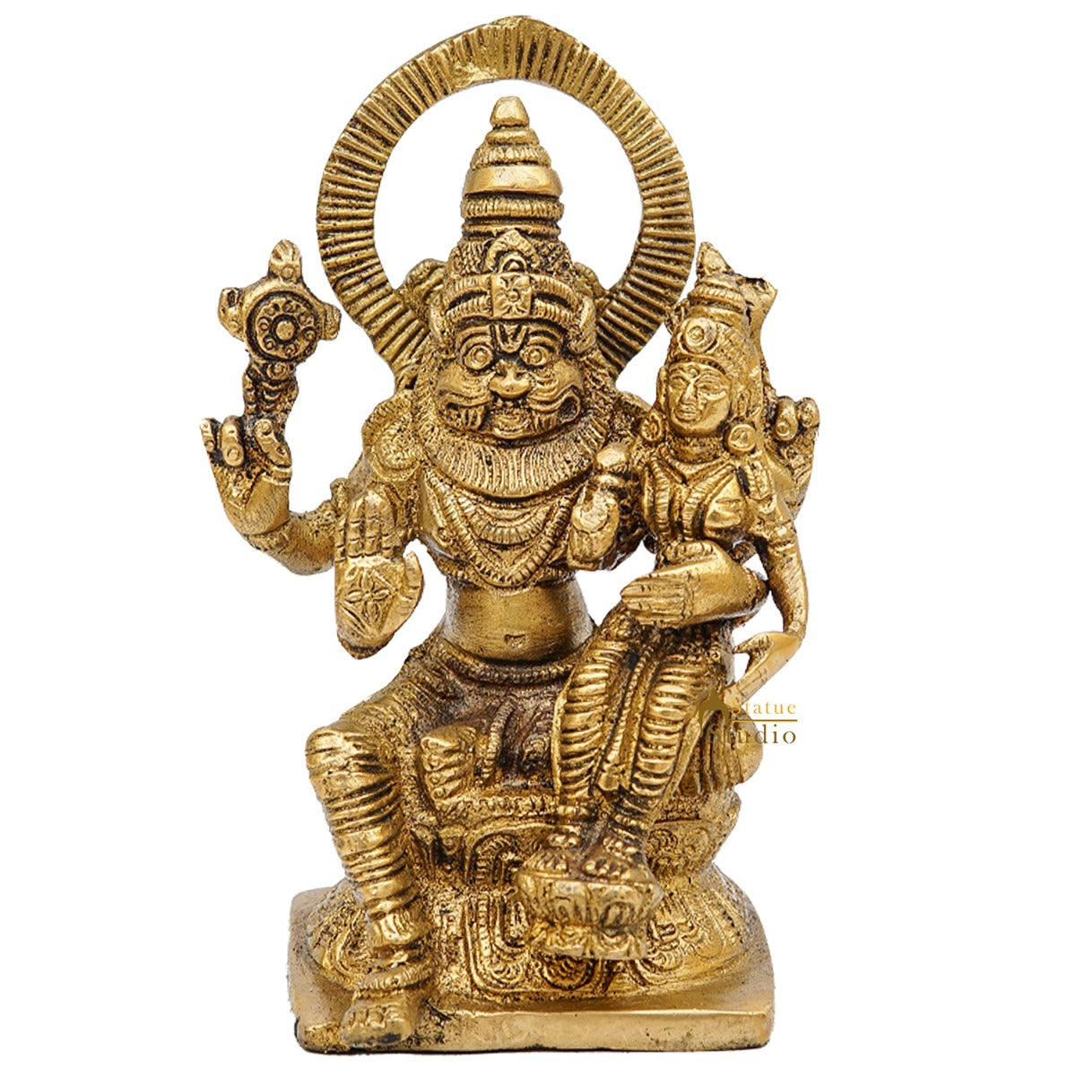 Brass Narsingh Laxmi Idol Under Serpent Religious Lucky Décor Statue 5" - Image 3