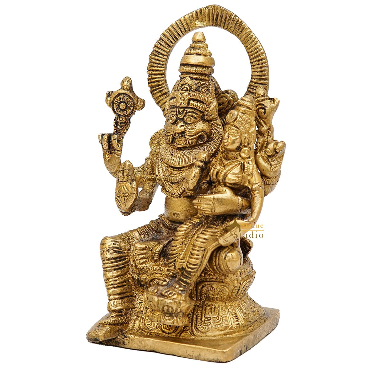 Brass Narsingh Laxmi Idol Under Serpent Religious Lucky Décor Statue 5"