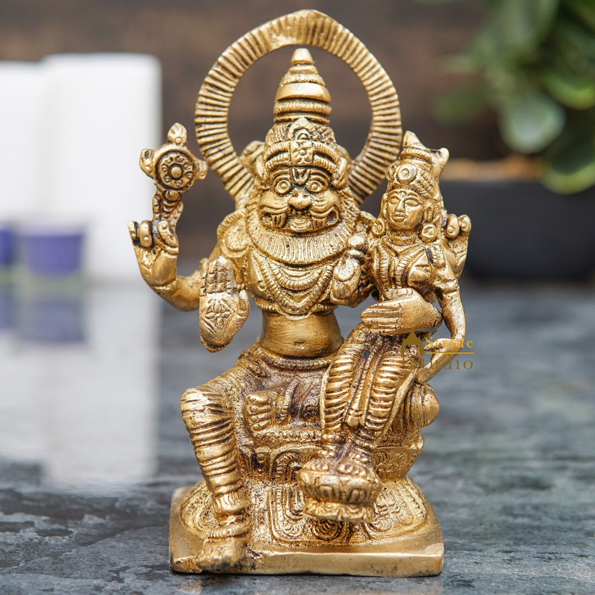 Brass Narsingh Laxmi Idol Under Serpent Religious Lucky Décor Statue 5" - Eco-friendly - Sama Homes