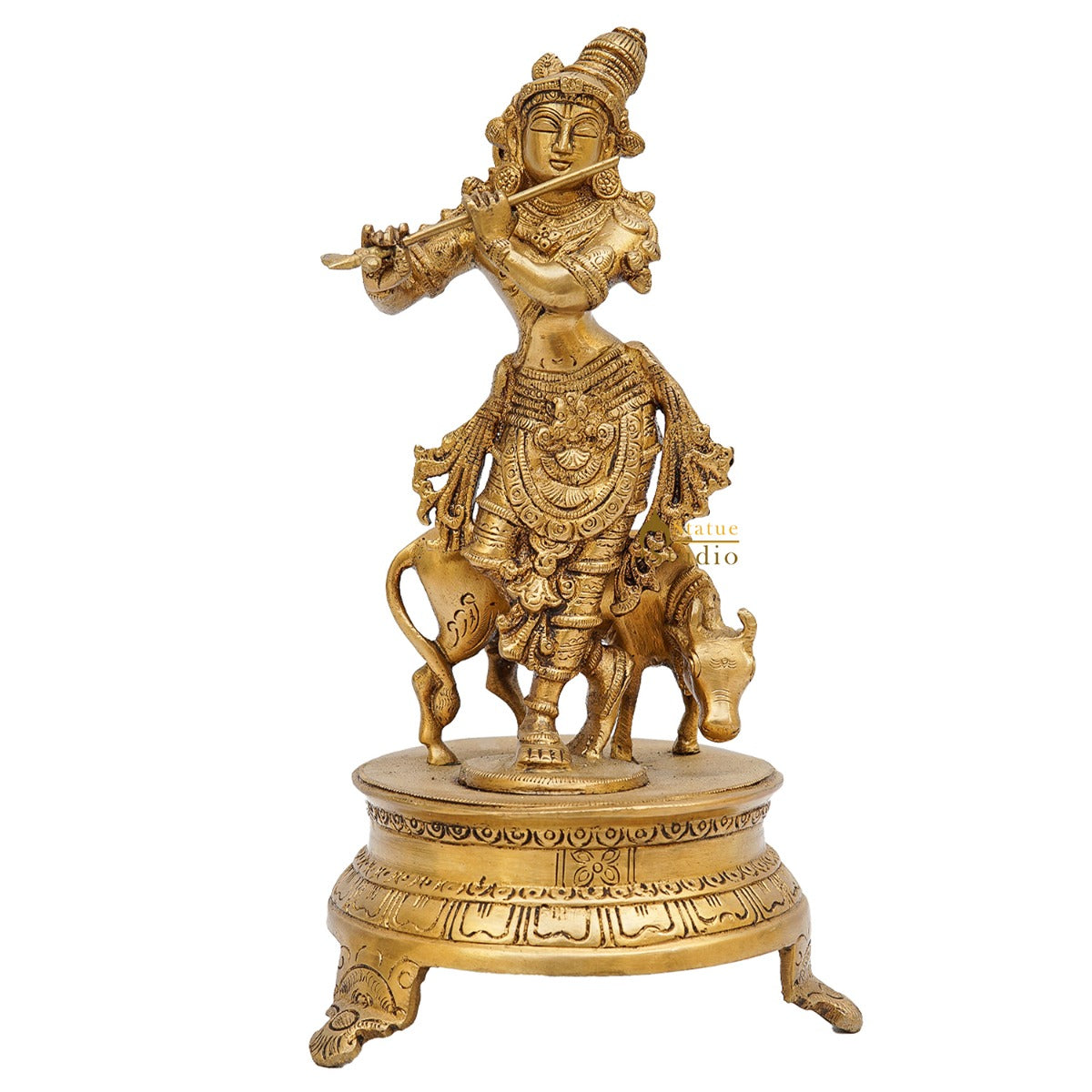 Brass Antique Krishna Statue with Cow 10" by StatueStudio