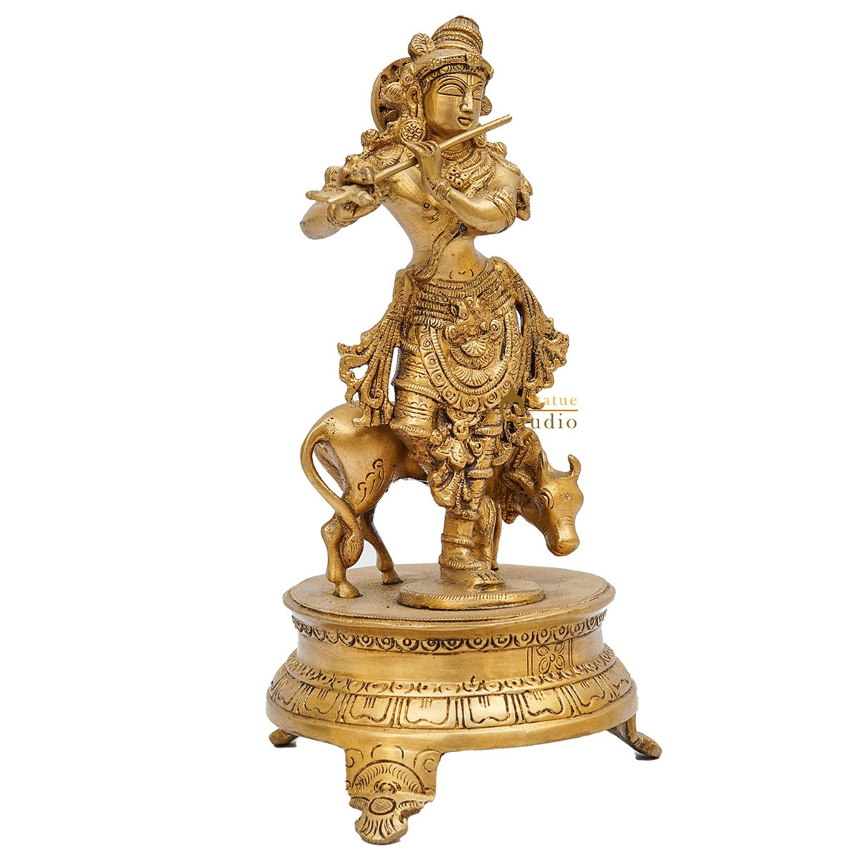 Brass Antique Krishna Statue with Cow 10" by StatueStudio