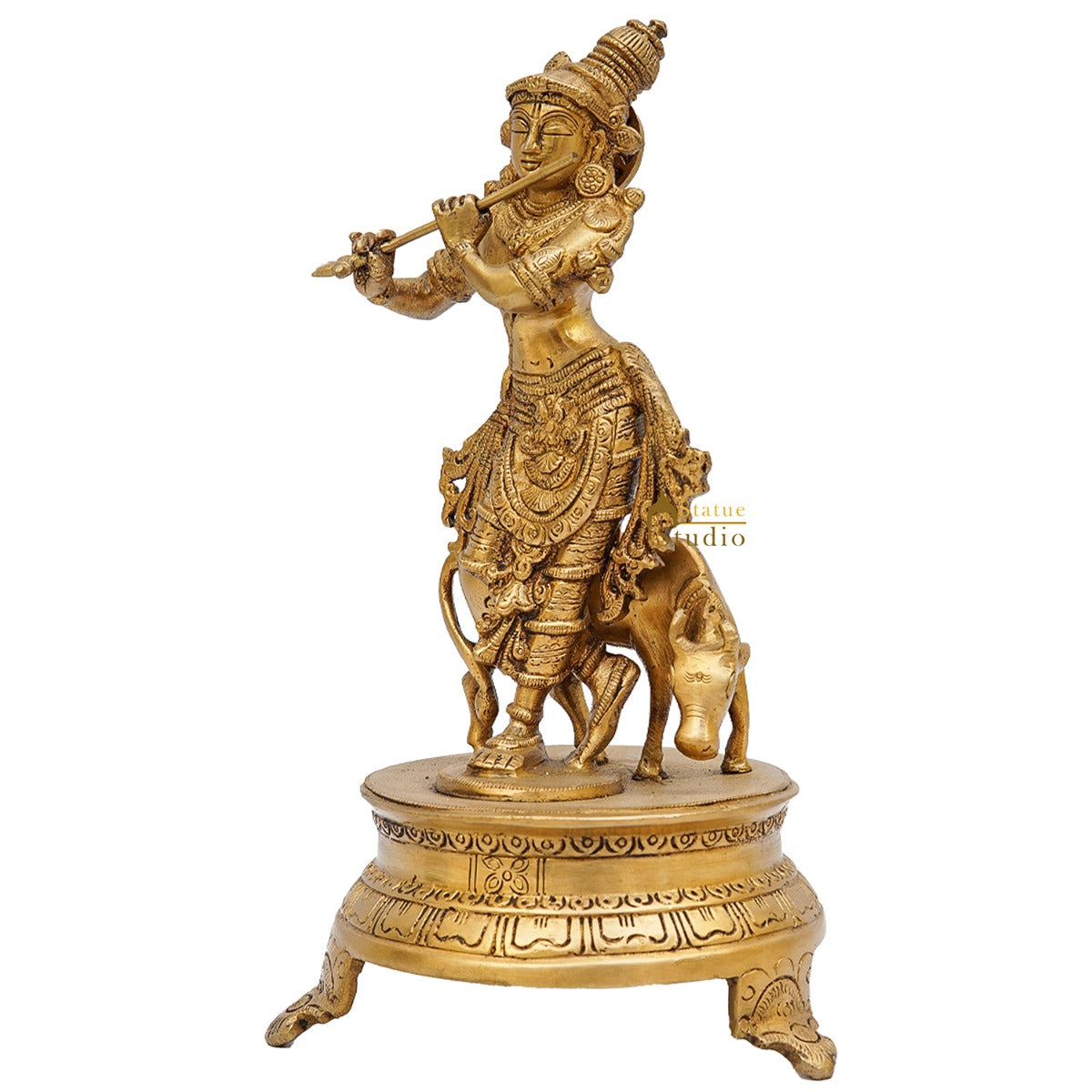 Brass Antique Krishna Statue with Cow 10" by StatueStudio - Image 5