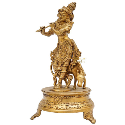 Brass Antique Krishna Statue with Cow 10" by StatueStudio by vendor-unknown - Hindu Gods (View 5)