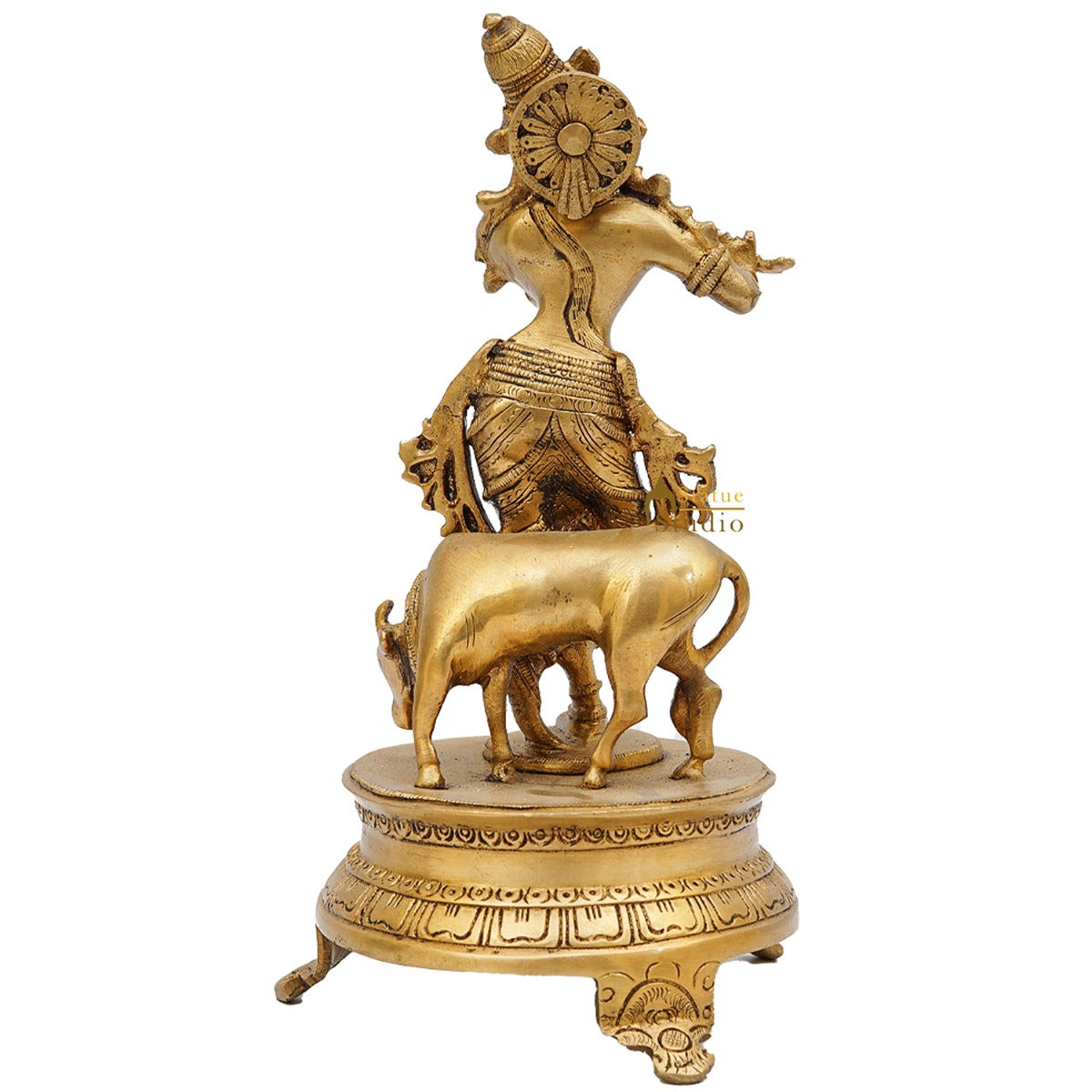 Brass Antique Krishna Statue with Cow 10" by StatueStudio