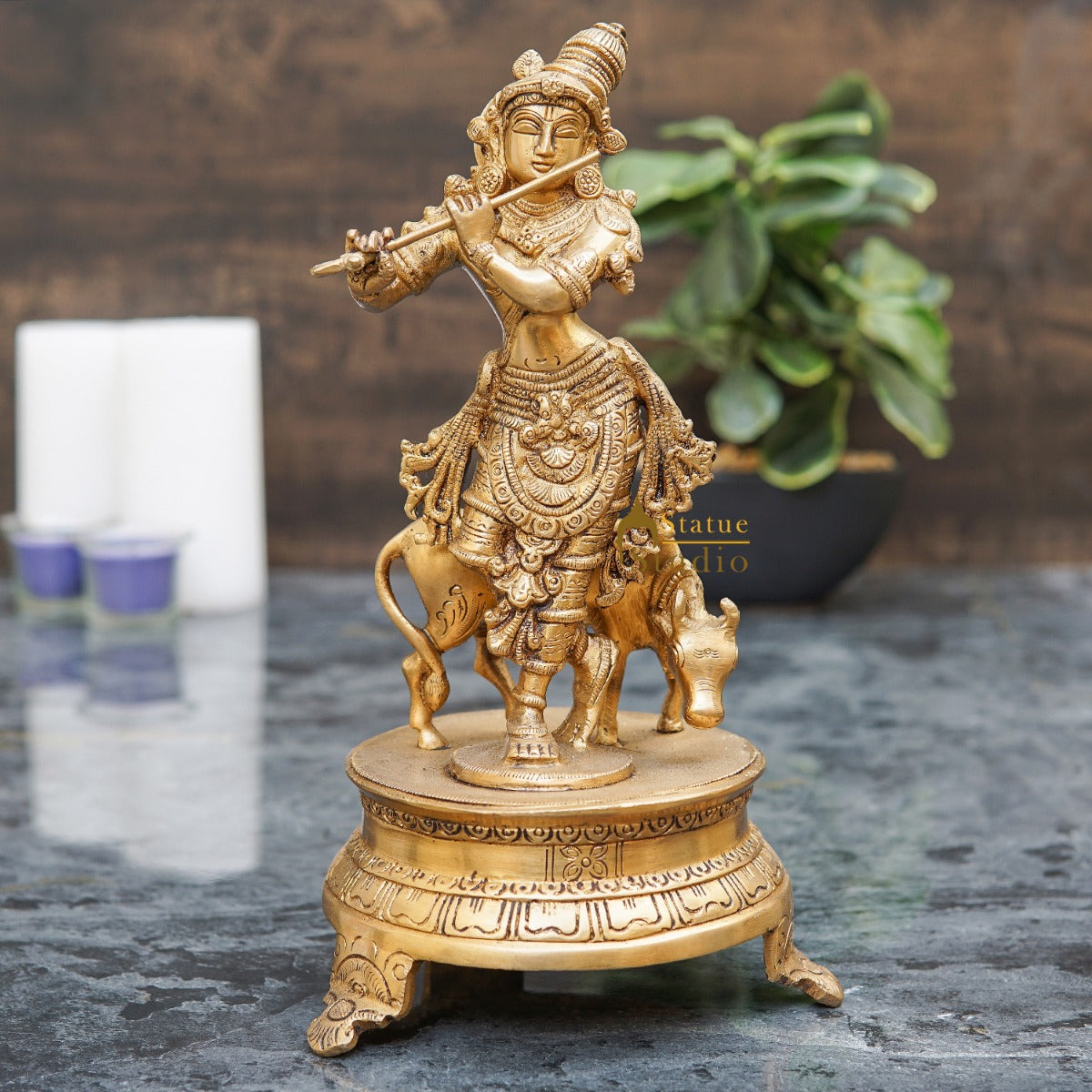 Brass Antique Krishna Statue with Cow 10" by StatueStudio - Eco-friendly - Sama Homes