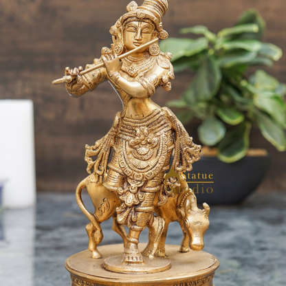 Brass Antique Krishna Statue with Cow 10" by StatueStudio by vendor-unknown - Hindu Gods (View 2)