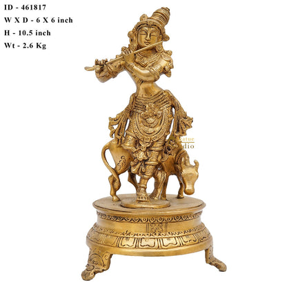 Brass Antique Krishna Statue with Cow 10" by StatueStudio by vendor-unknown - Hindu Gods (View 7)