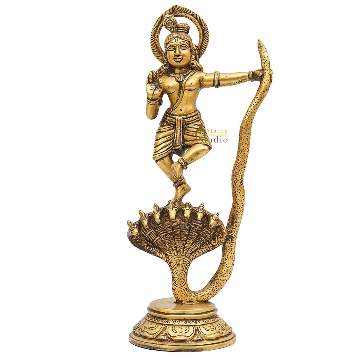Brass Antique Krishna Idol Dancing On Snake For Home Office Desk Table Décor Gift Rare Statue 13"