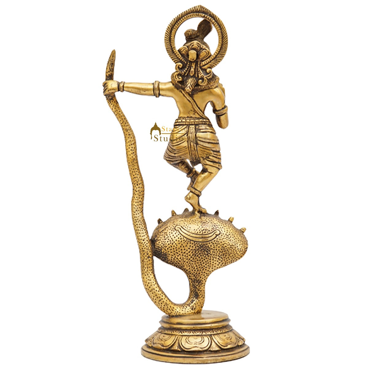 Brass Antique Krishna Idol Dancing On Snake For Home Office Desk Table Décor Gift Rare Statue 13" - Image 6