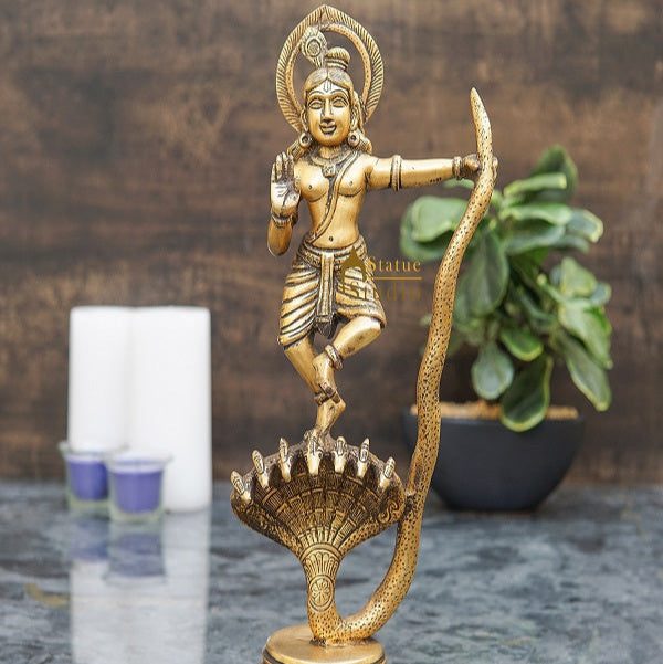 Brass Antique Krishna Idol Dancing On Snake For Home Office Desk Table Décor Gift Rare Statue 13"