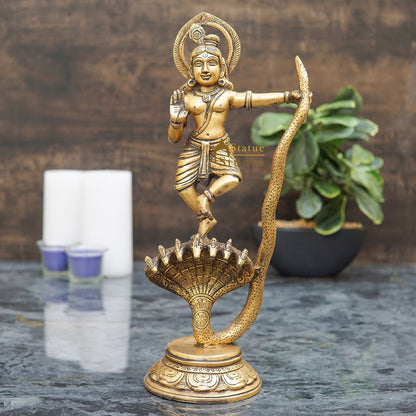 Brass Antique Krishna Idol Dancing On Snake For Home Office Desk Table Décor Gift Rare Statue 13" by vendor-unknown - Hindu Gods