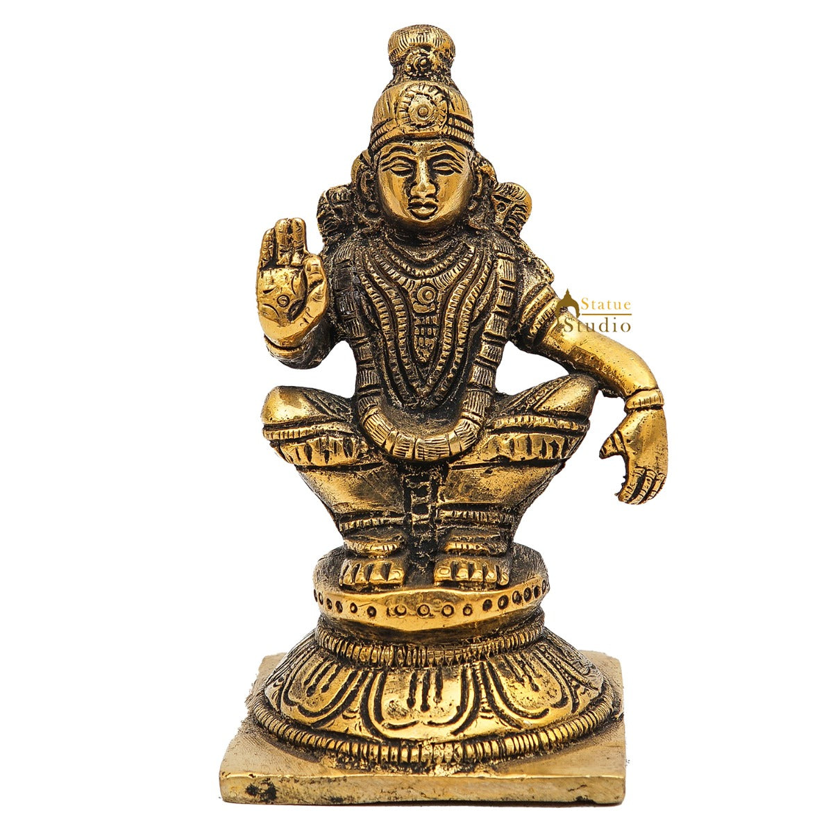 Brass Antique Lord Ayyappan Mini Statue South Indian Idol Puja Room Religious Décor Gift 4.5" - Image 3
