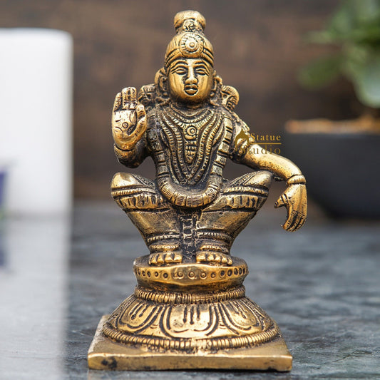 Brass Antique Lord Ayyappan Mini Statue South Indian Idol Puja Room Religious Décor Gift 4.5"