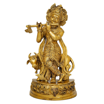 Brass Krishna with Cow Idol 12" by vendor-unknown - Hindu Gods (View 3)