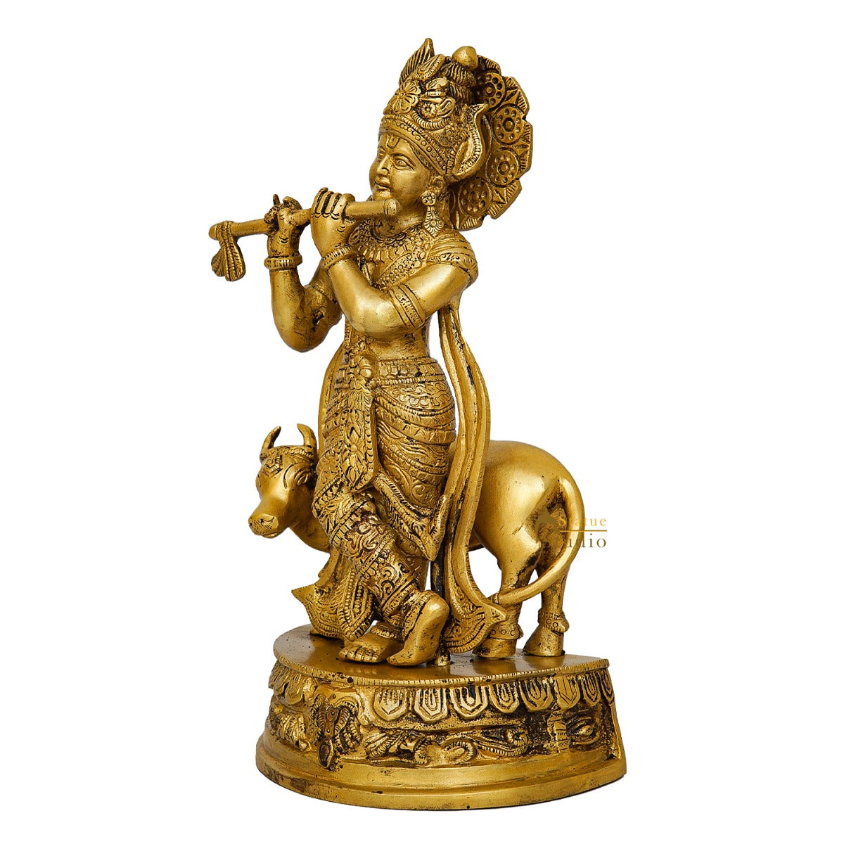 Brass Krishna with Cow Idol 12"