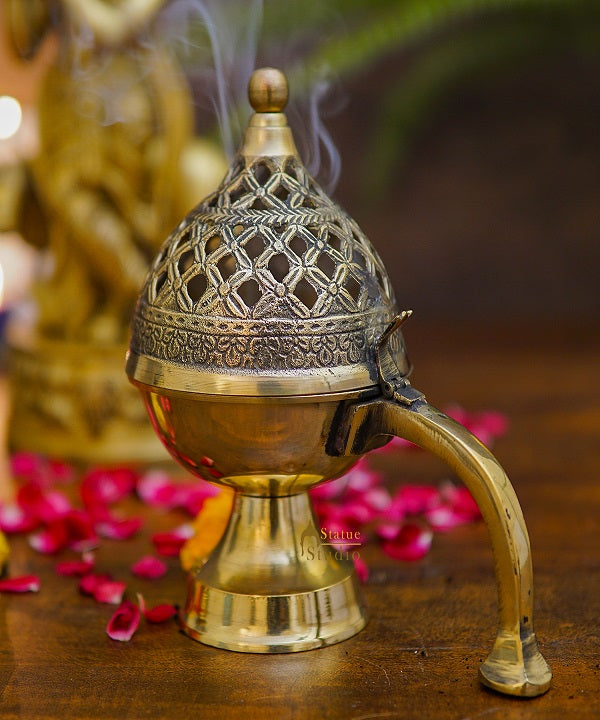 Brass Purifying Loban Burner Dhoop Dani For Puja Room Home Décor With Handle 7" - Image 2