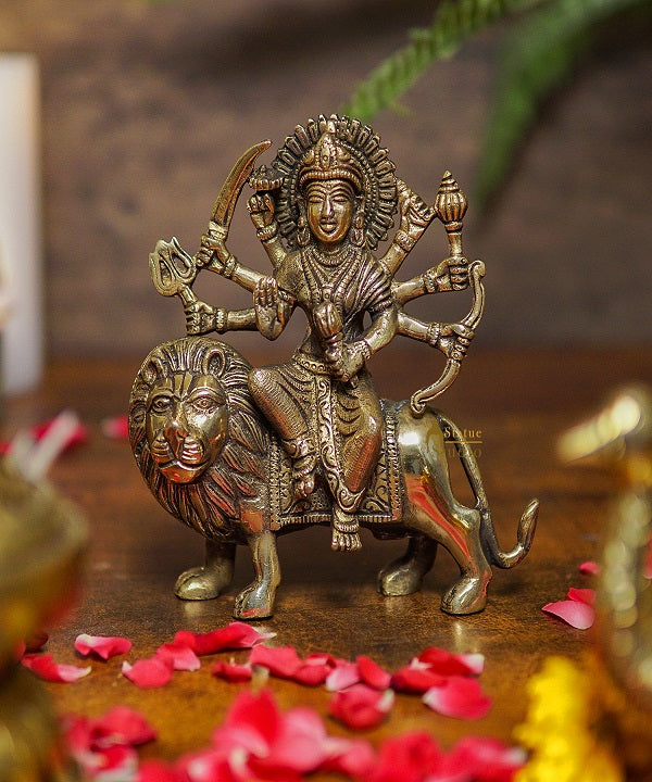 Brass Durga Maa Sherawali Idol Home Temple Puja Religious Décor Statue 5.5" - Image 2