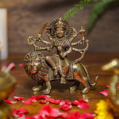 Brass Durga Maa Sherawali Idol Home Temple Puja Religious Décor Statue 5.5" by vendor-unknown - Hindu Gods