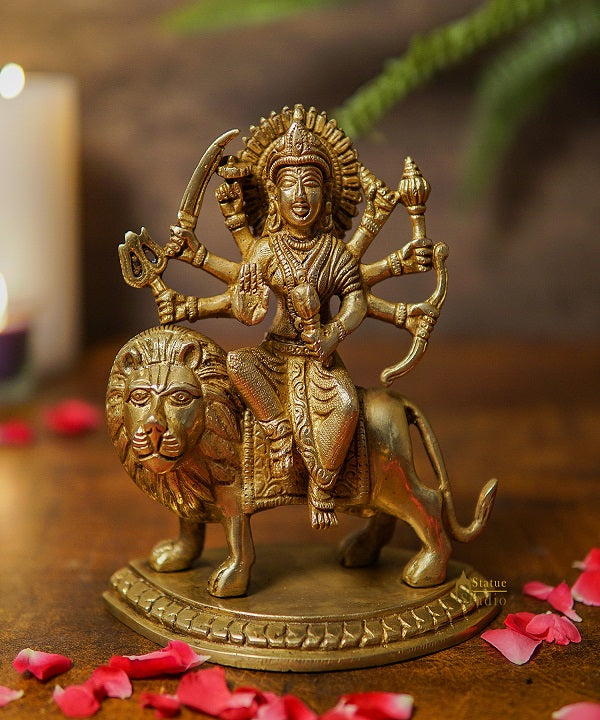 Brass Durga Maa Sherawali Idol Home Temple Puja Religious Décor Statue 6"