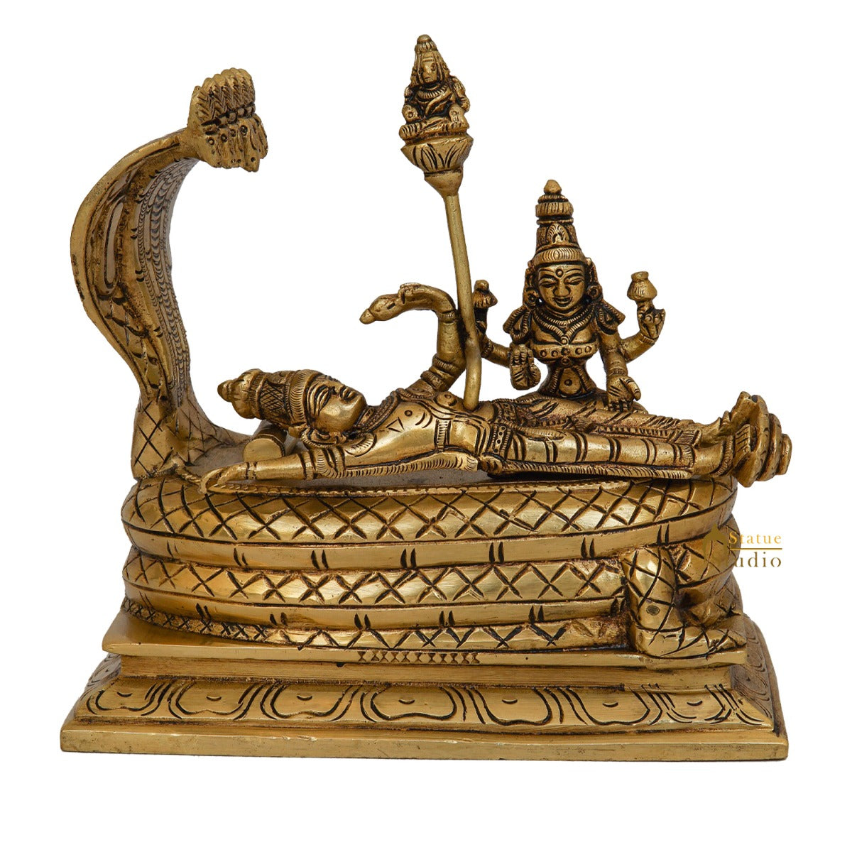 Fine Brass Vishnu Laxmi Idol Sitting Under Serpent Exclusive Rare Statue 6" - Image 3