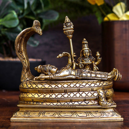 Fine Brass Vishnu Laxmi Idol Sitting Under Serpent Exclusive Rare Statue 6" by vendor-unknown - Hindu Gods