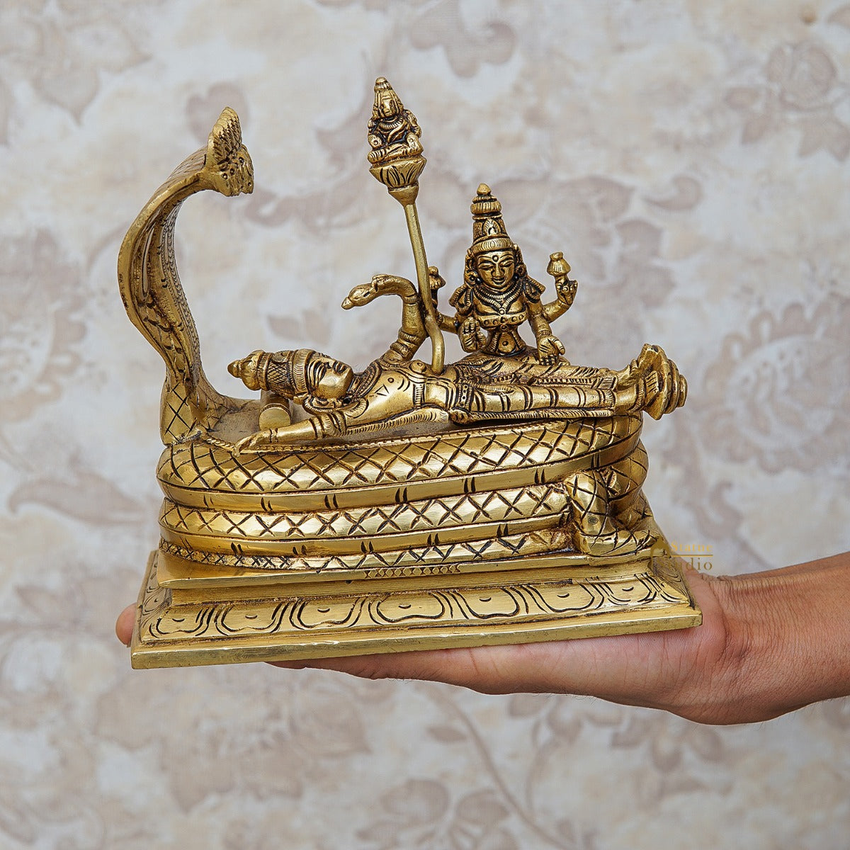 Fine Brass Vishnu Laxmi Idol Sitting Under Serpent Exclusive Rare Statue 6"