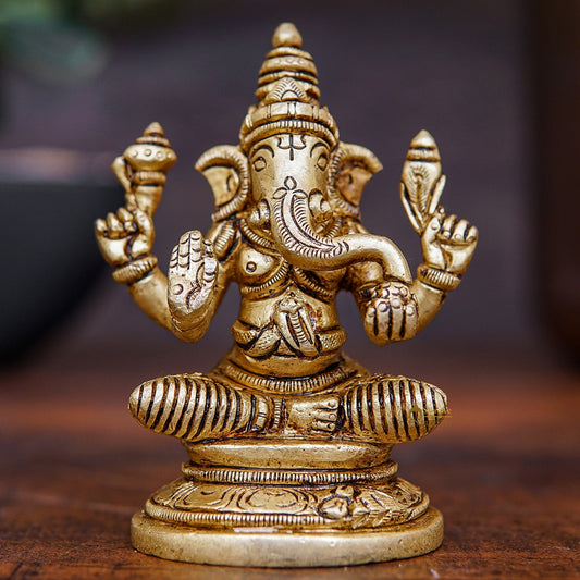 Fine Brass Small Ganesha Idol For Home Pooja Table Décor Statue Gift Showpiece 3.5"