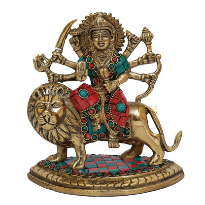 Brass Durga Idol Inlay Work Home Temple Pooja Décor Statue Gift 6" by vendor-unknown - Hindu Gods (View 3)