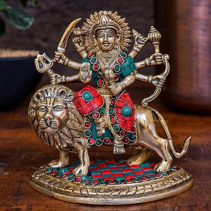 Brass Durga Idol Inlay Work Home Temple Pooja Décor Statue Gift 6" by vendor-unknown - Hindu Gods