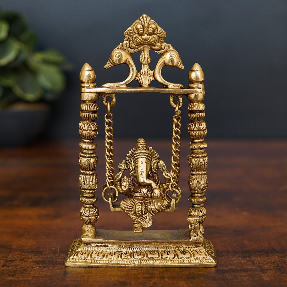 Brass Ganesha Idol On Jhula Swing Home Diwali Décor Statue 9"