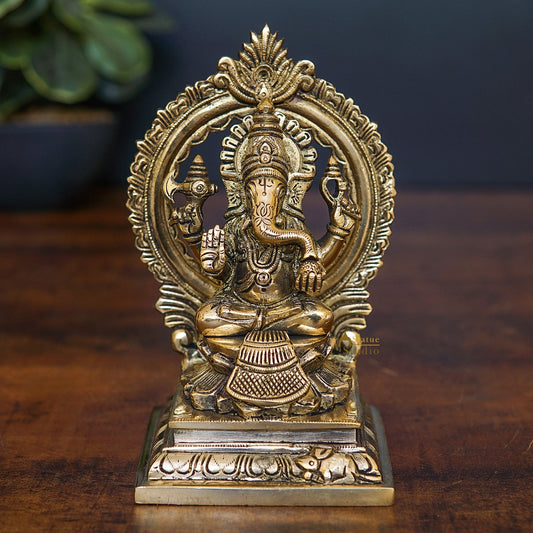 Brass Ganesha Statue With Frame Ganpati Idol Home Diwali Décor Gift 7"