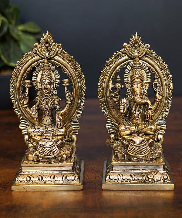 Brass Ganesha Lakshmi Idol with Arch 7"