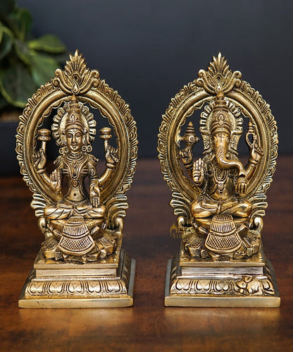Brass Ganesha Lakshmi Idol with Arch 7" by vendor-unknown - Hindu Gods (View 2)