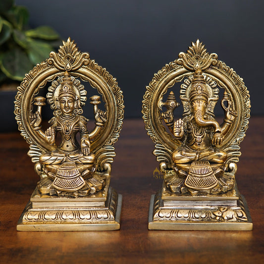 Brass Ganesha Lakshmi Idol with Arch 7"