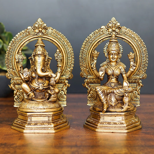 Brass Ganesha Laxmi Statue With Frame Ganesh Lakshmi Idol Home Diwali Décor Gift 7"