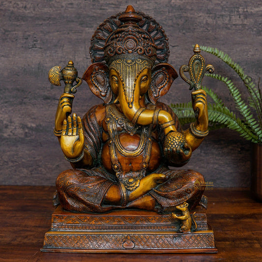 Brass Big Ganesha Statue Antique Finish For Home Office Lucky Decor 2 Feet