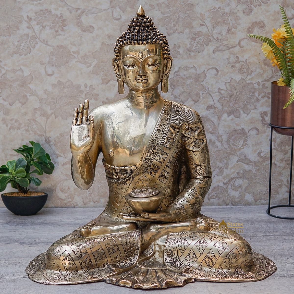 Brass Large Blessing Buddha Statue Showpiece For Home Decor 30" - Eco-friendly - Sama Homes