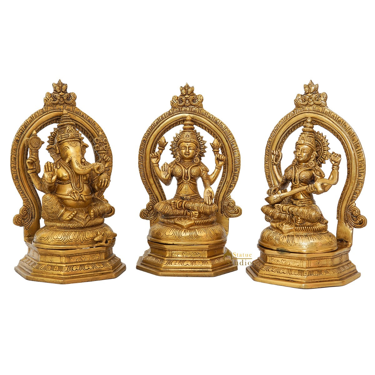Brass Ganesha Lakshmi Saraswati Statue With Frame For Home Decor 11 Inch