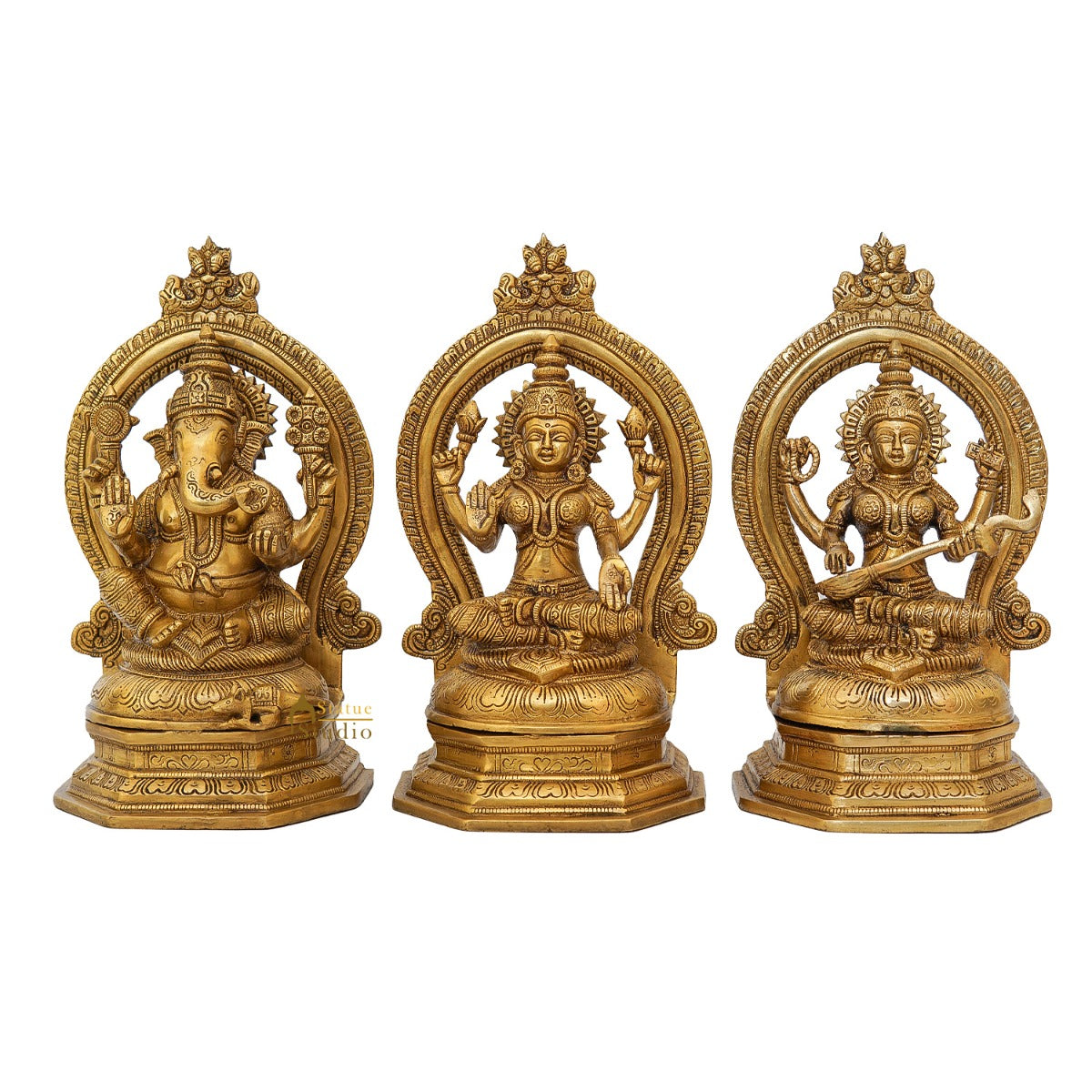 Brass Ganesha Lakshmi Saraswati Statue With Frame For Home Decor 11 Inch