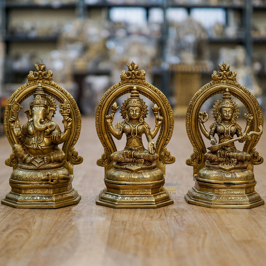 Brass Ganesha Lakshmi Saraswati Statue With Frame For Home Decor 11 Inch